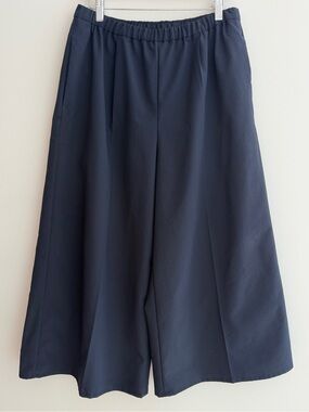 MUJI Navy Blue Wide Leg Pull On Culottes Pockets Minimalist Travel Lagenlook